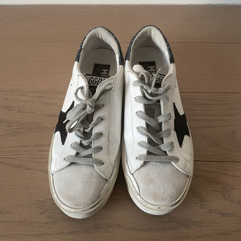 Golden Goose Hi Star Leather Sneakers White Black Star Blue Glitter - Picture 4 of 10